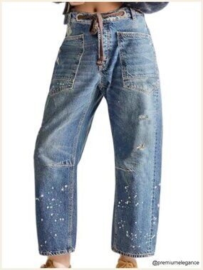 Baggy Barrel Jeans for Women Low Rise Drawstring Wide Leg Denim Pants with